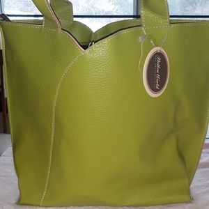 Mellow World Sz Large Leather Green & Pink Tote